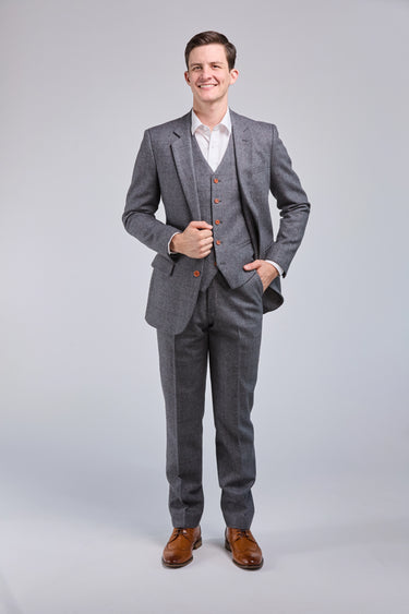 Prince Of Wales Grey Herringbone Tweed 3 Piece Suit